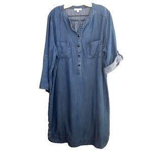 Spense Shirt Dress Womens Lyocell Sz M Blue Chambray Button Up Roll Tab Sleeves